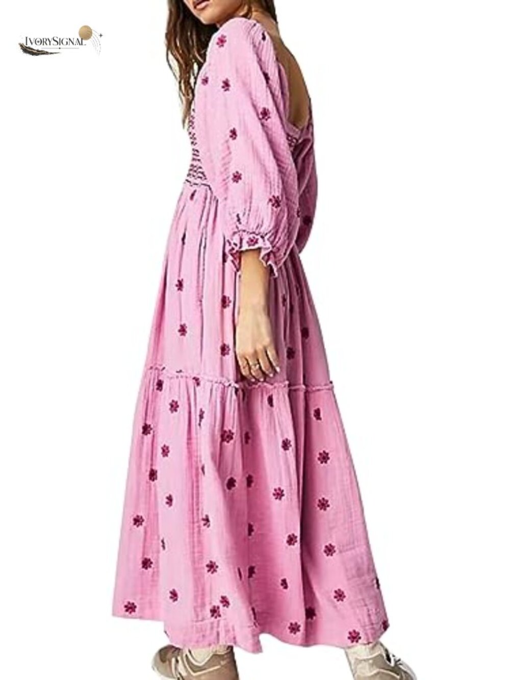 Bohemian Floral Print Maxi Dress with Pockets Square Neck Smocked Bust Long